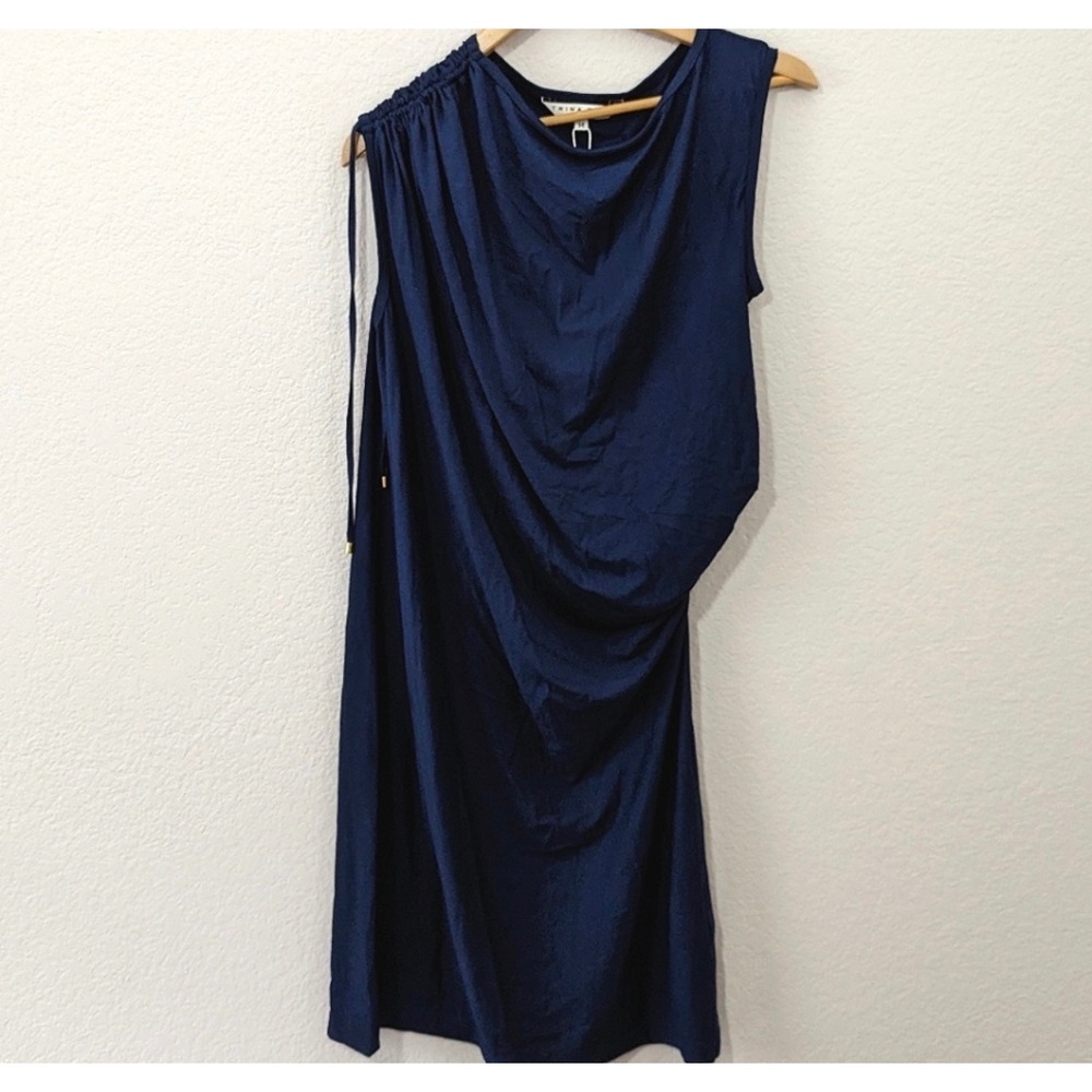 Trina Turk Navy Blue Jet Dress Ruched Drape Sleeveless Cocktail 2206301MH1 NWT M - Picture 3 of 13